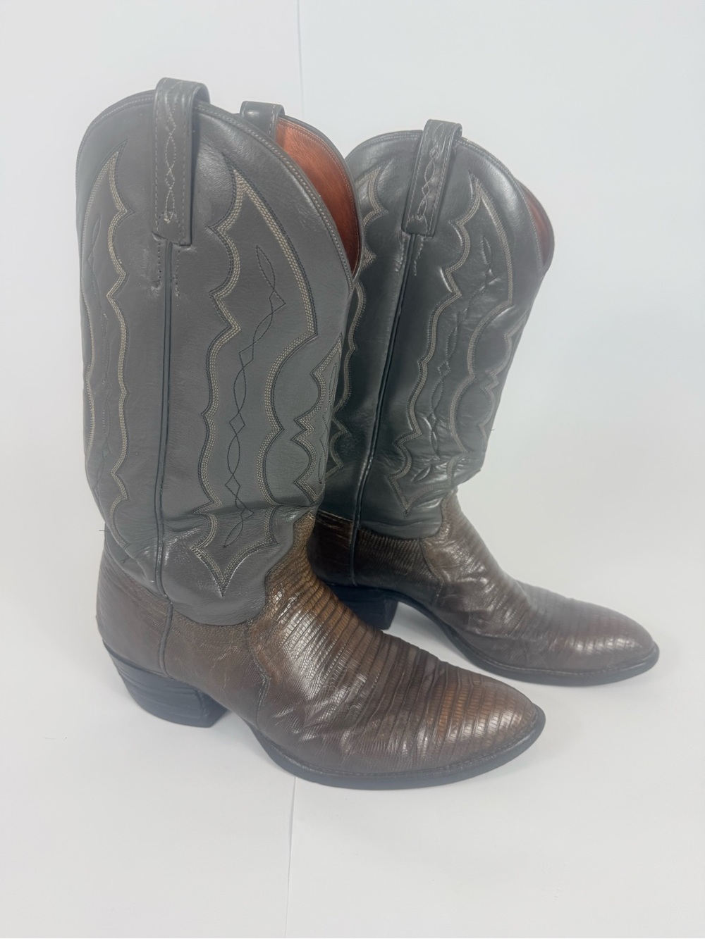 VTG J. Chisholm Teju Lizard Skin Cowboy Boots Western Brown Gray #972 USA Made